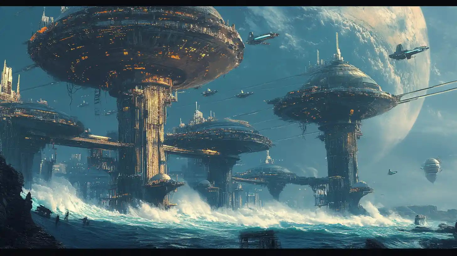 Città futuristiche su piloni oceanici sopra un mondo d’acqua alieno