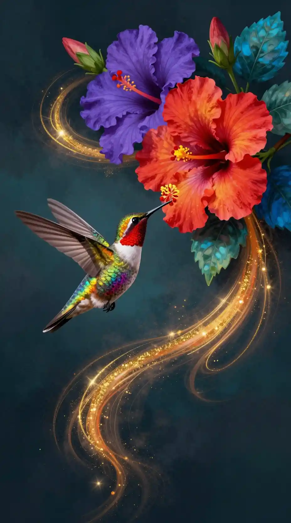 Colorful hummingbird with exotic flowers and glowing light