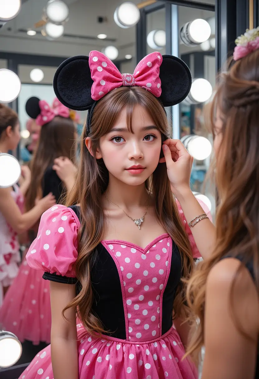 Boy in pink Minnie dress getting makeup in boutique backroom