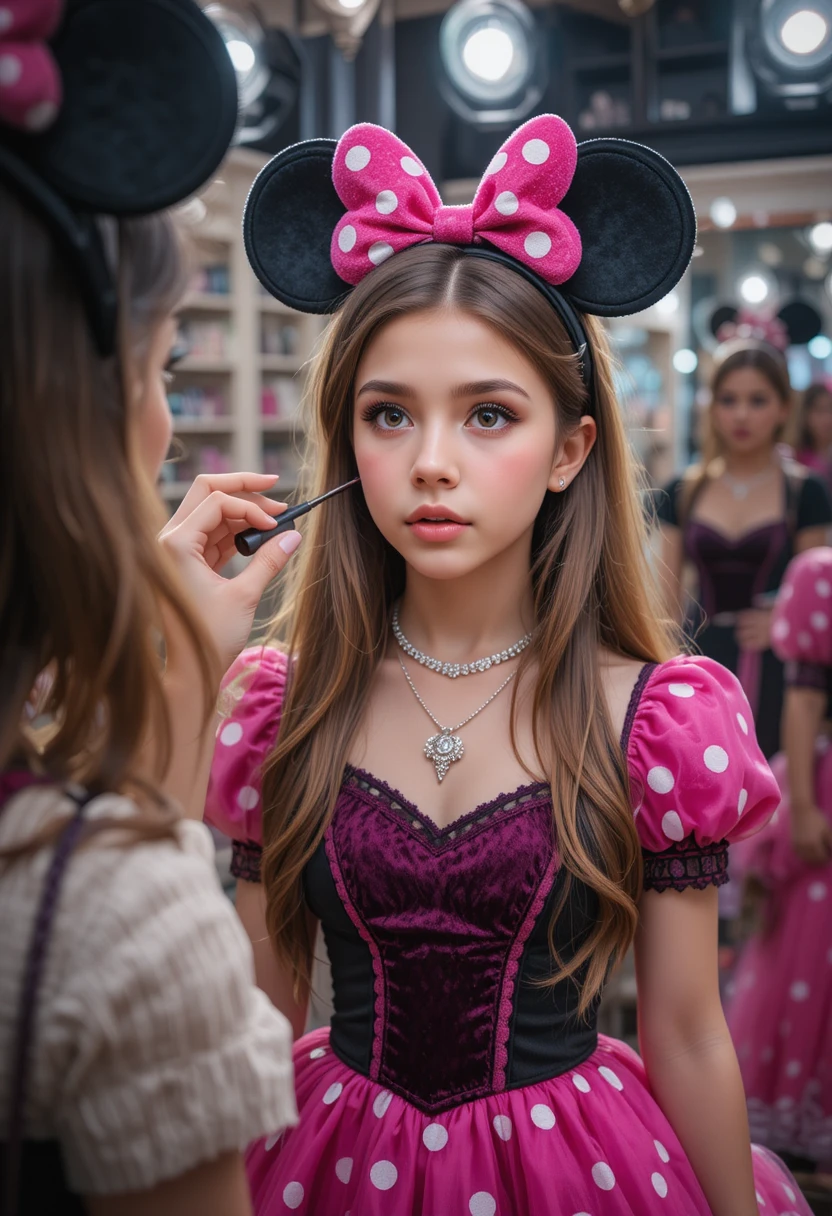 Ragazzo con abito rosa di Minnie nel camerino di una boutique
