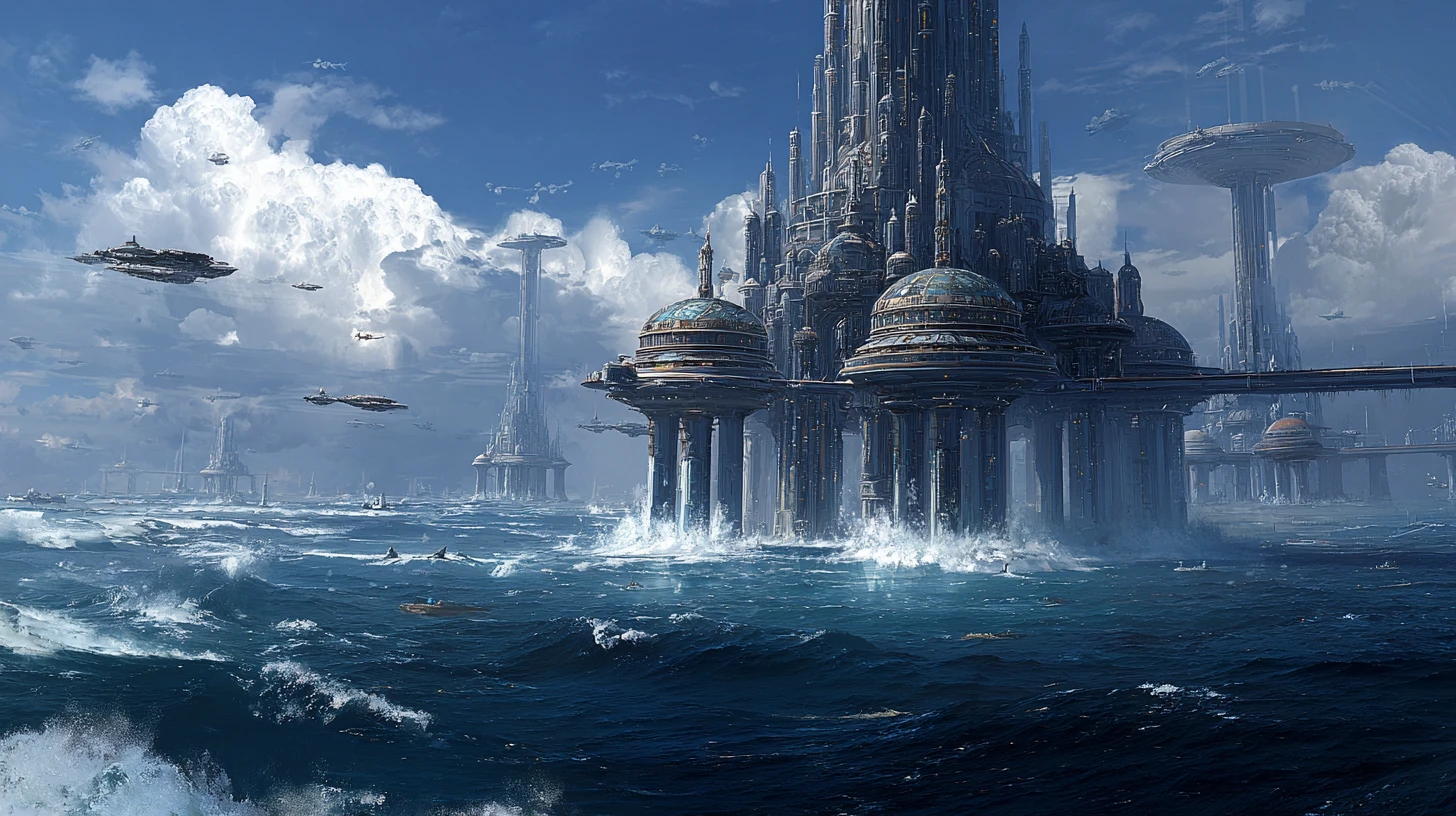 Mundo oceânico alienígena com cidades imponentes acima das ondas