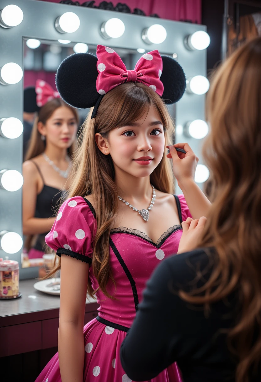 Boy in pink Minnie dress in boutique makeup room