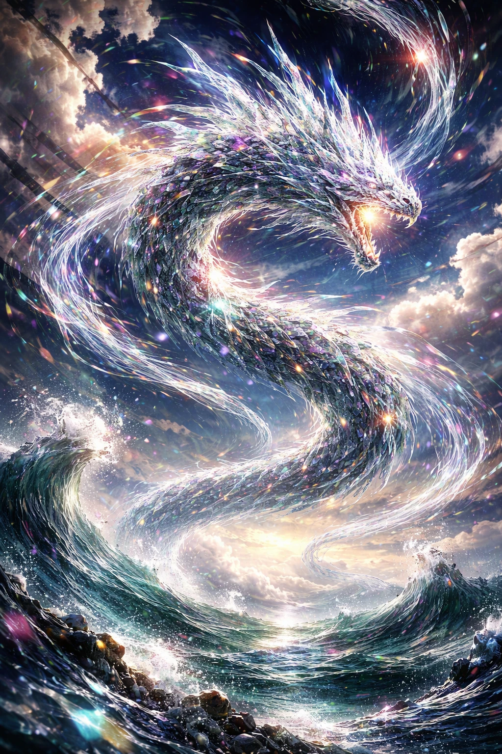 Surreal light shard dragon twisting through sky and sea