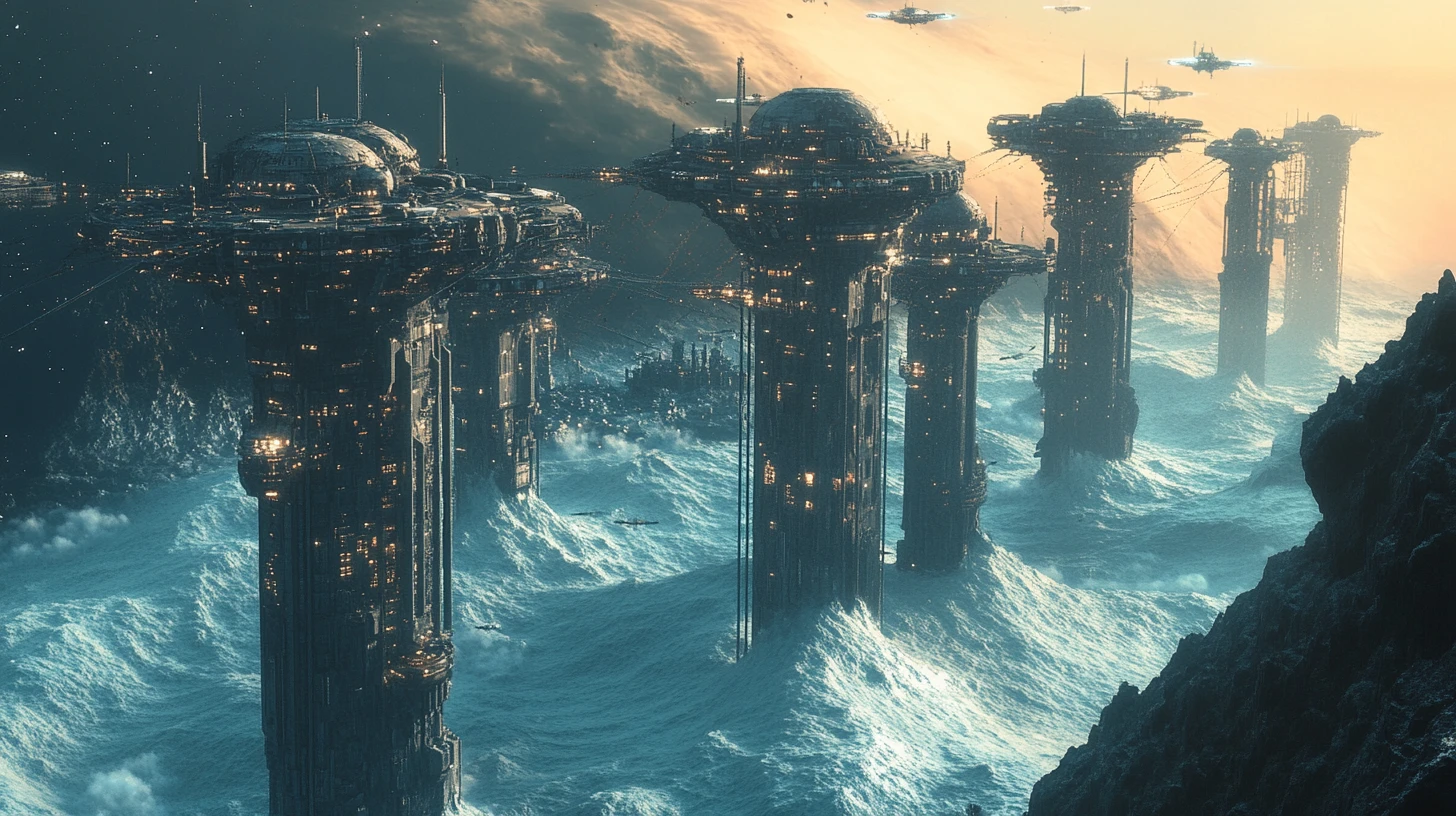Planeta oceánico alienígena con imponentes ciudades sobre pilares bajo cúpulas