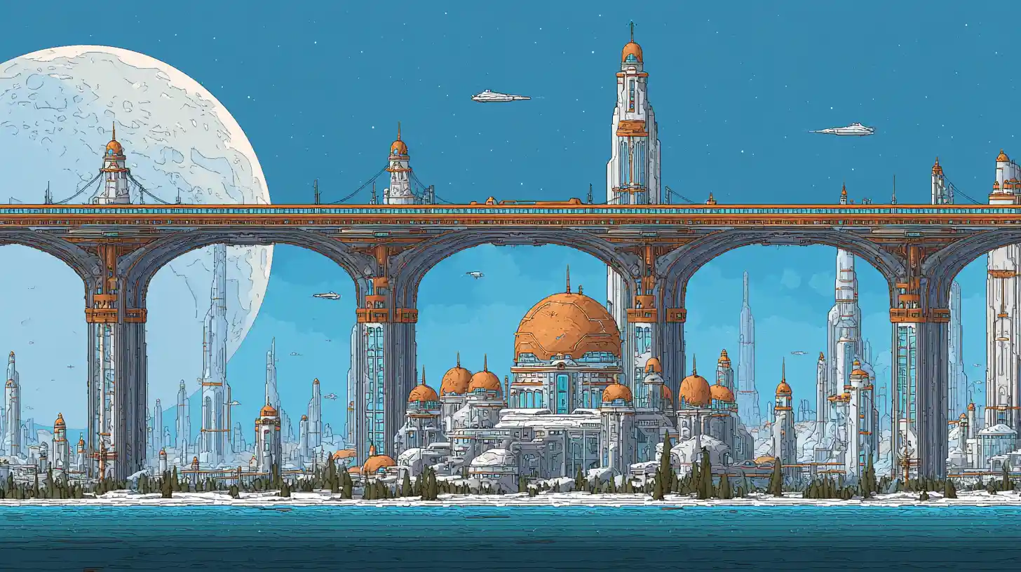 Città futuristiche su torri colossali sopra un mondo oceanico