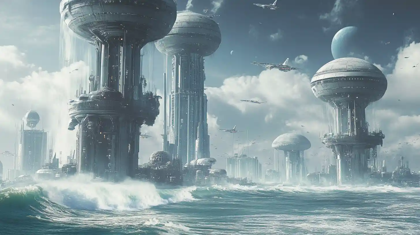 Futuristic cities on towering pylons above an ocean world
