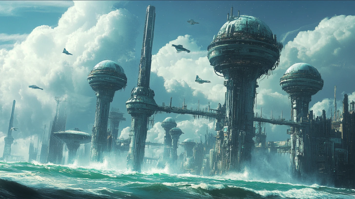Città futuristiche su piloni imponenti sopra un oceano infinito