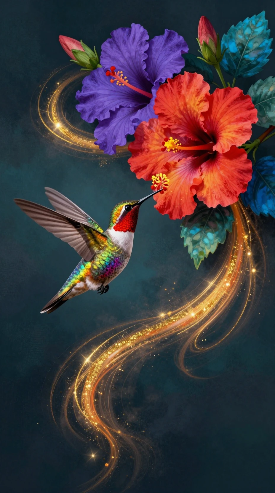Colorful hummingbird with exotic flowers and glowing light
