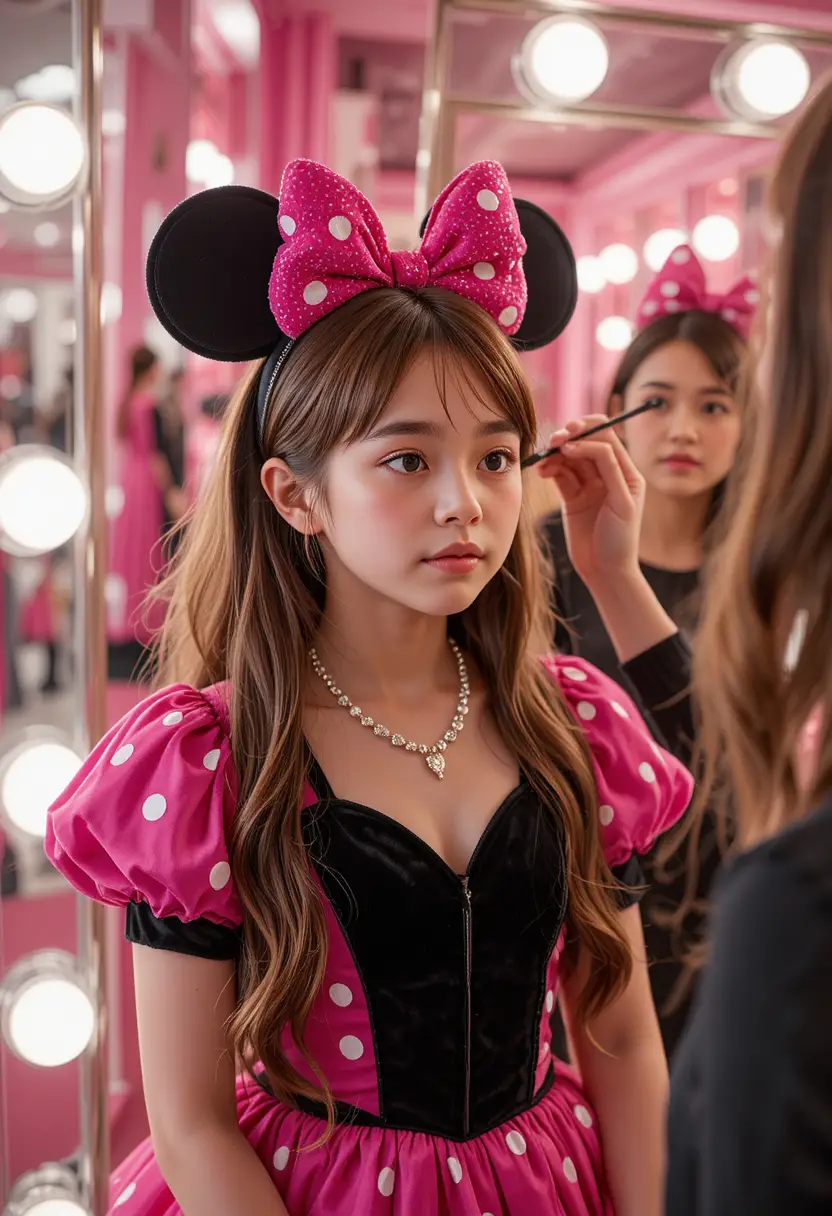 Ragazzo con vestito di Minnie truccato in camerino