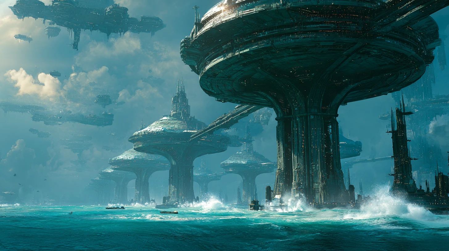Cidades futuristas se erguem em pilares acima de um mundo oceânico infinito