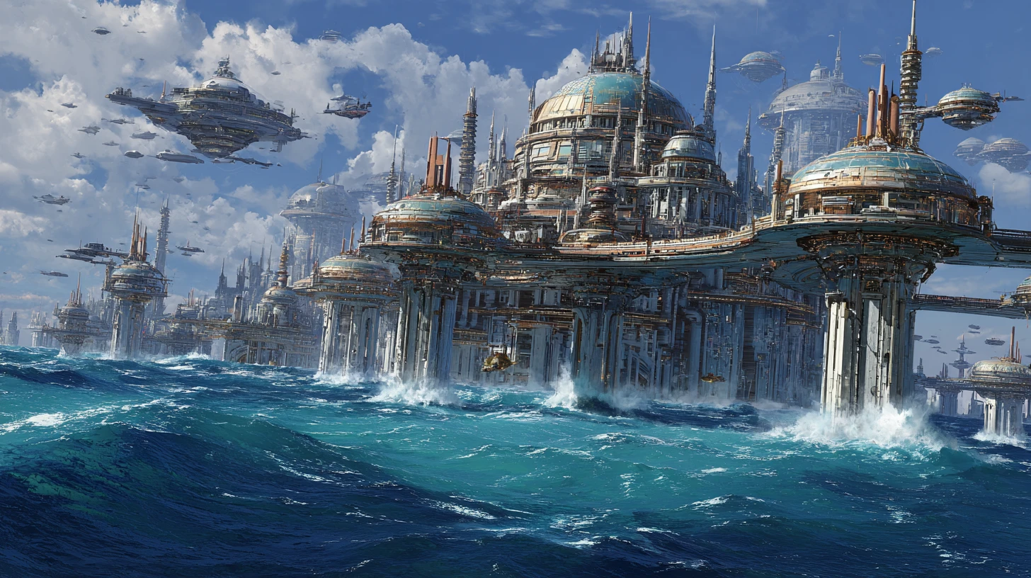 Città futuristiche si innalzano sopra un infinito mondo oceanico alieno