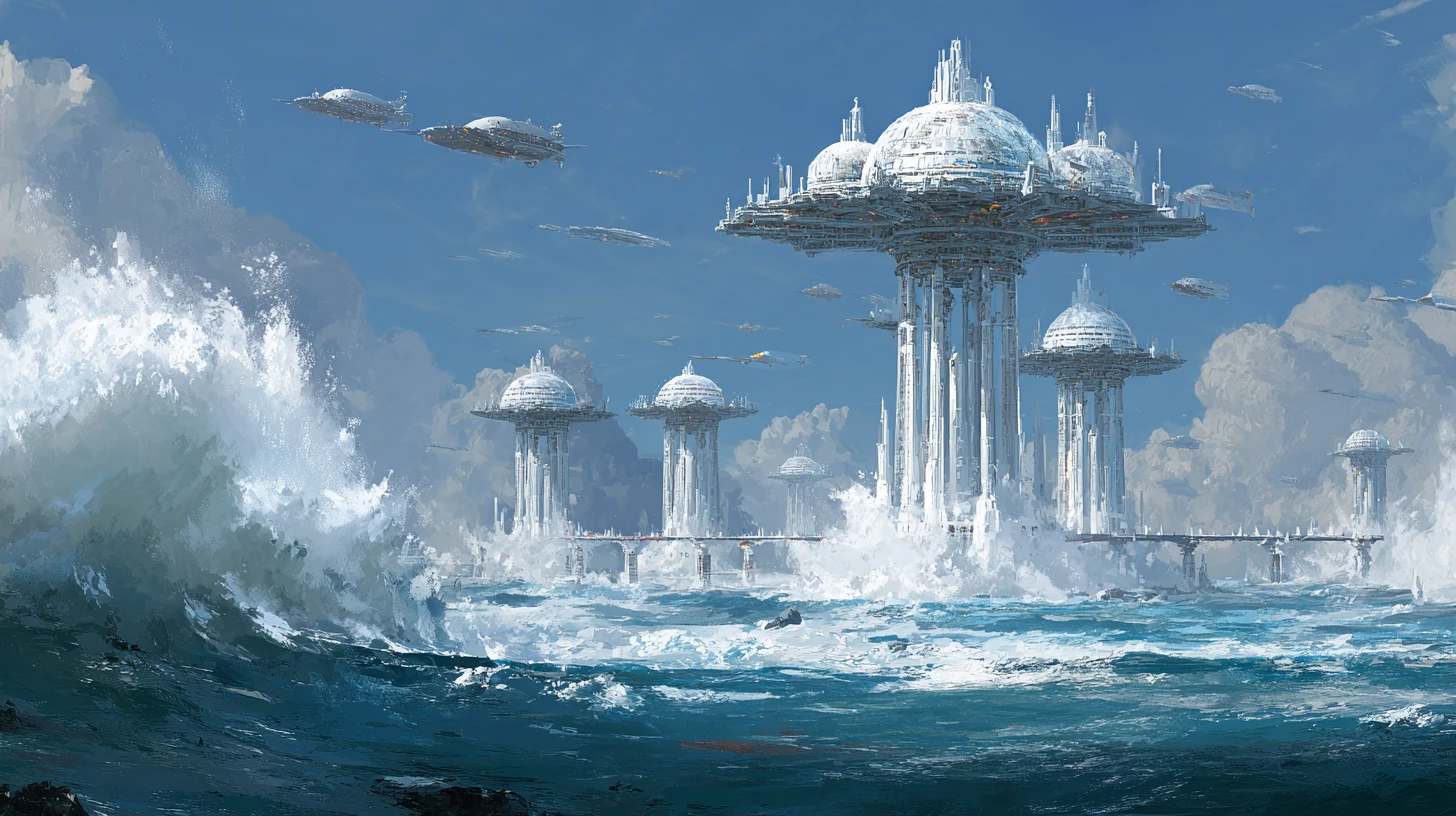Futuristic cities on towering pylons above an alien ocean world