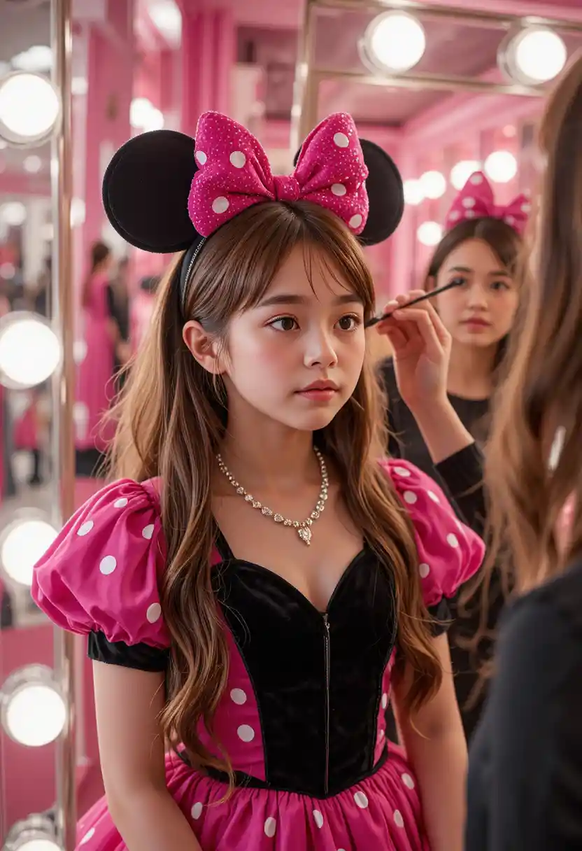 Menino com vestido da Minnie recebendo maquiagem no camarim
