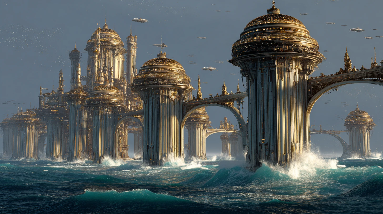 Mundo oceânico alienígena com cidades imponentes acima das ondas