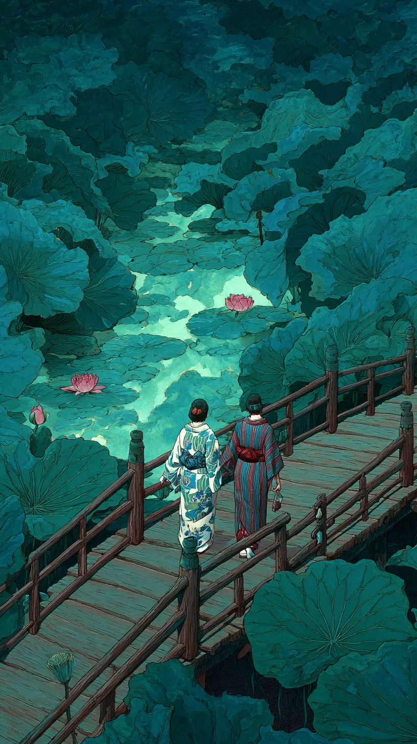 Two figures in kimonos on a bridge over lotus leaves