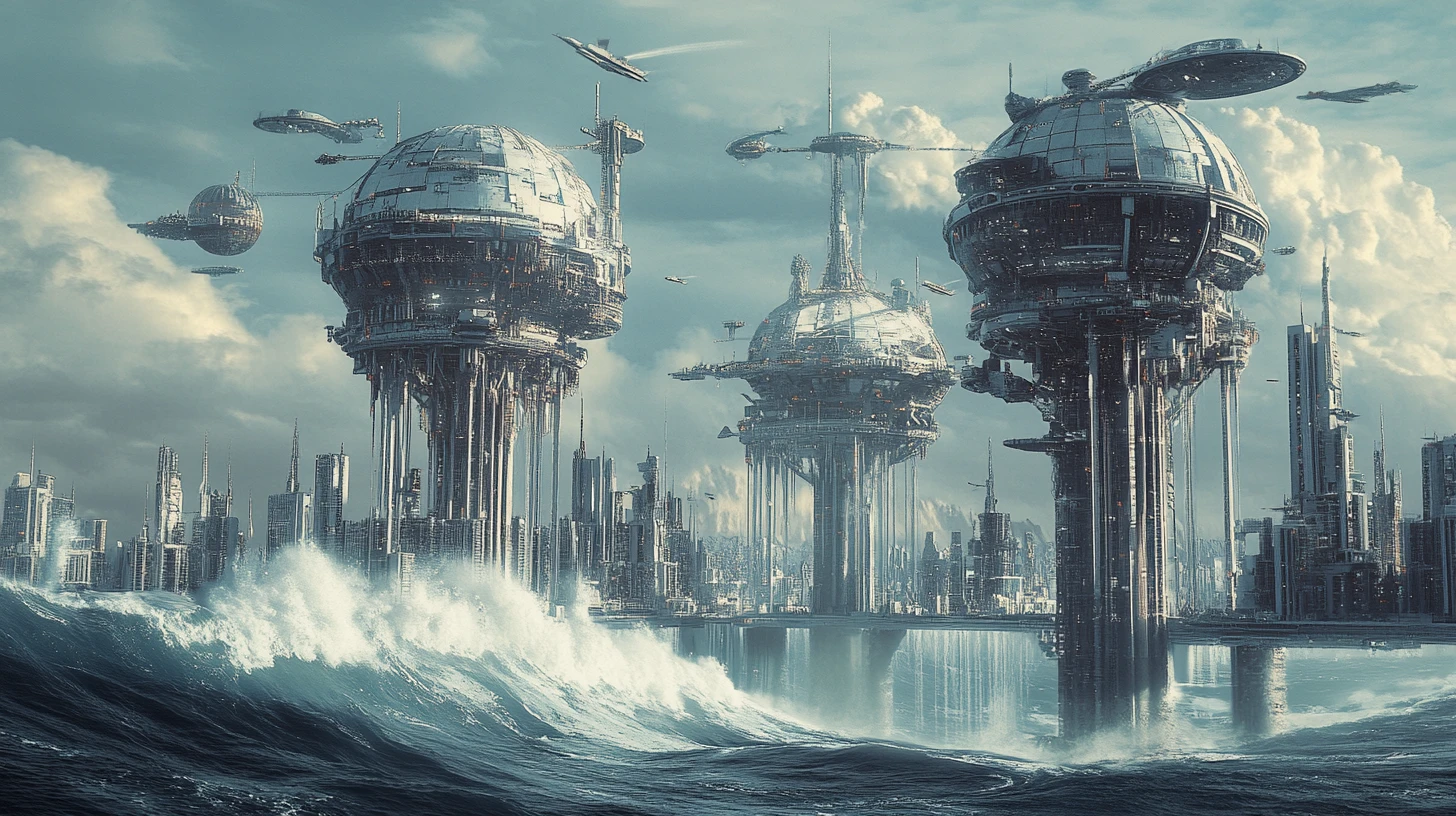 Futuristische Städte auf Ozeanpylonen in einer fremden Welt