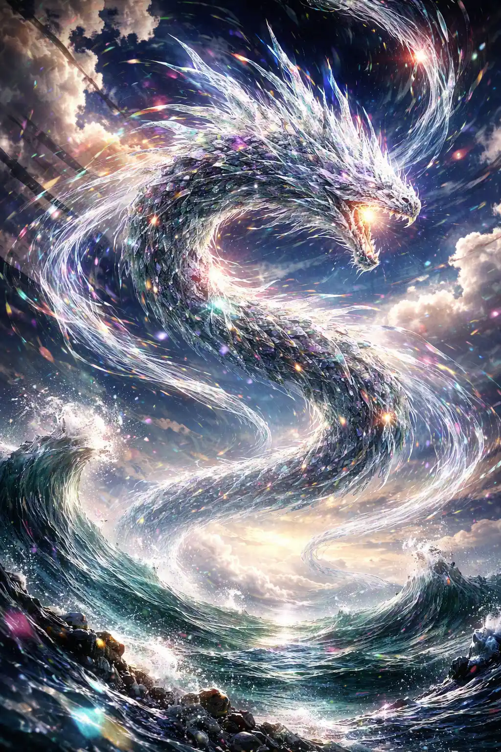 Drago surreale di schegge di luce che si avvita tra cielo e mare
