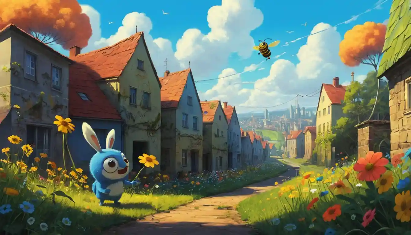 Playful bee dancing above colorful wildflower fields