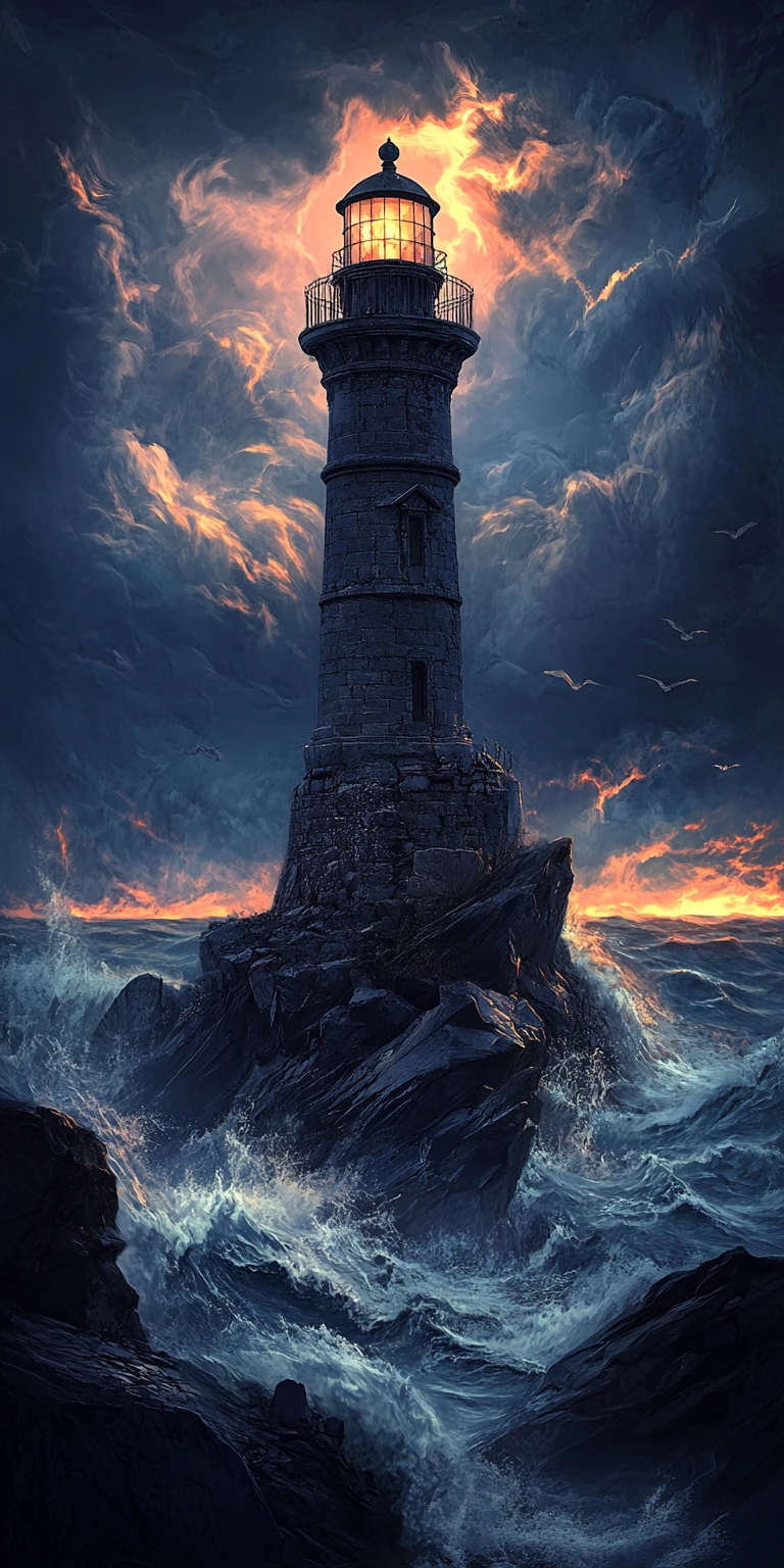 Dark fantasy lighthouse on stormy cliffs at twilight