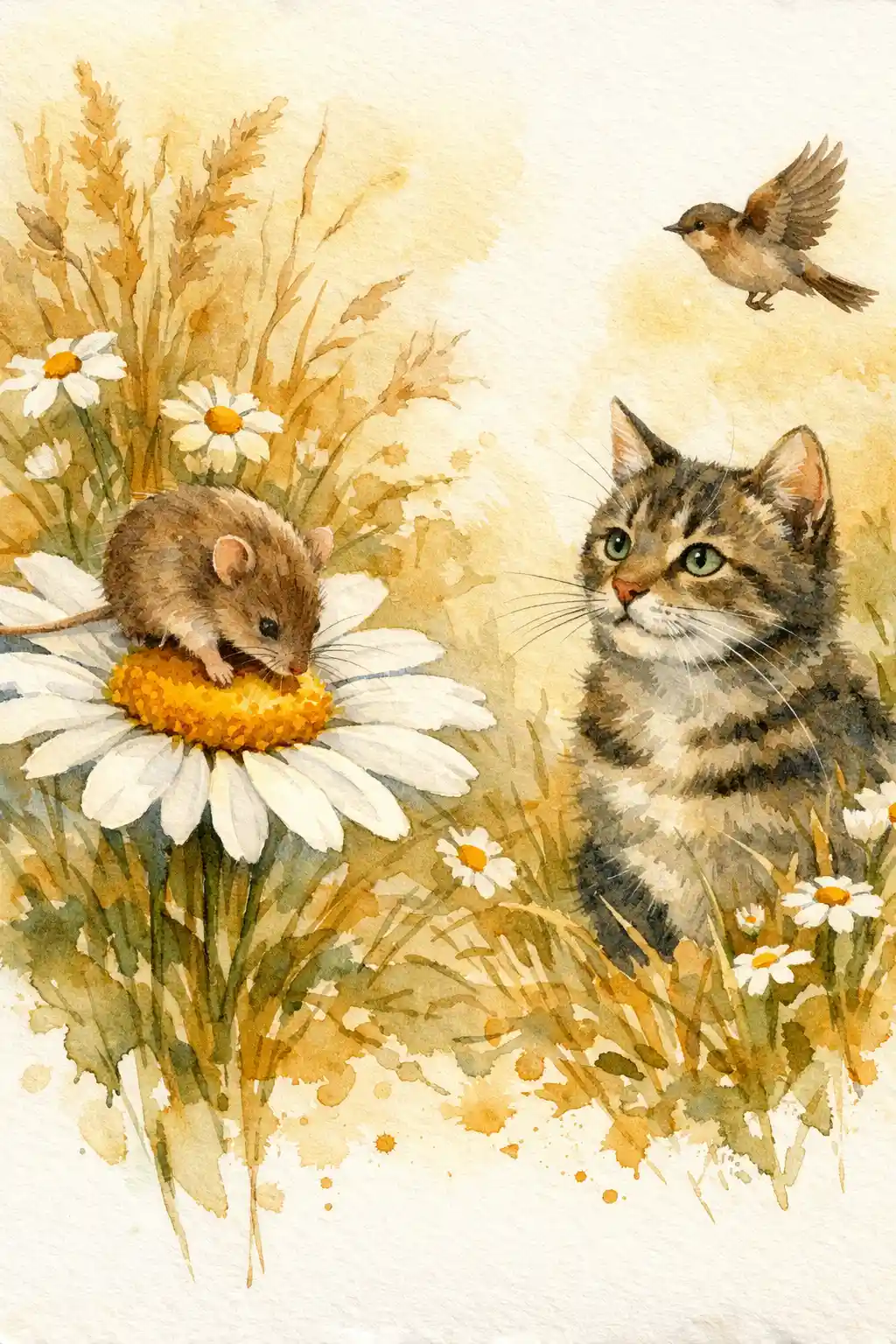 Watercolor mouse on daisy with watchful cat in grasses