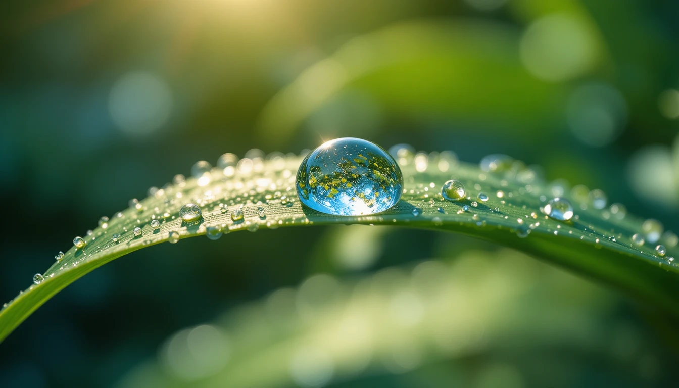 Macro dew drop glowing on a bright green leaf
