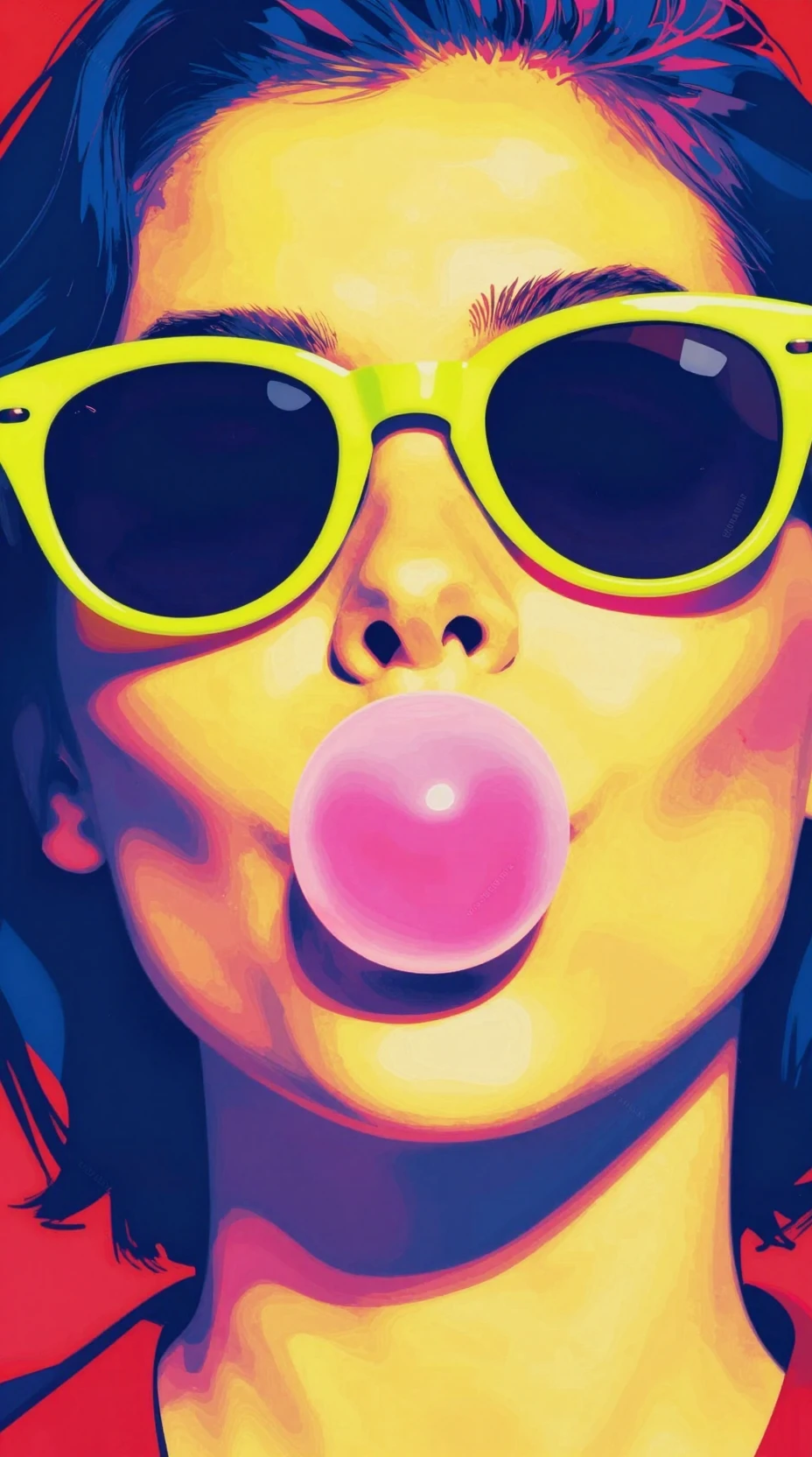 Femme pop art soufflant un chewing-gum avec des lunettes de soleil audacieuses