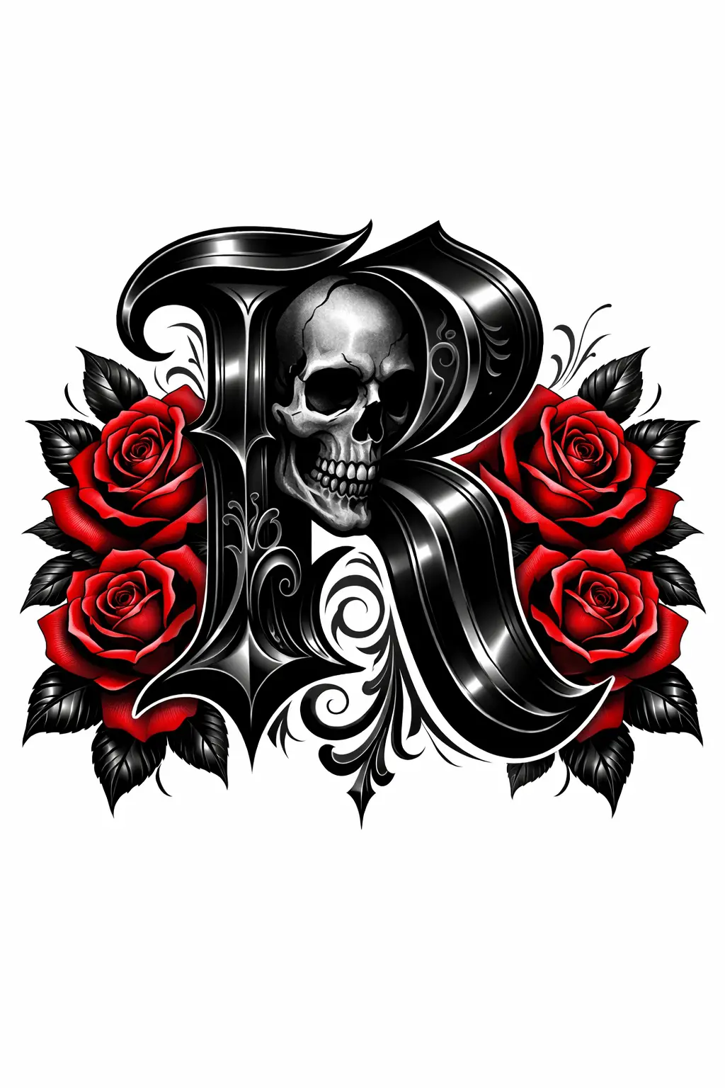 Gothic Blackletter R With Skull And Red Roses Tattoo Design