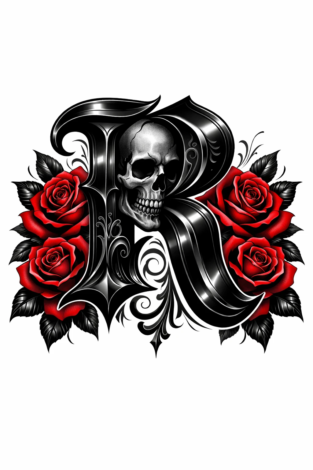 Gothic Blackletter R With Skull And Red Roses Tattoo Design