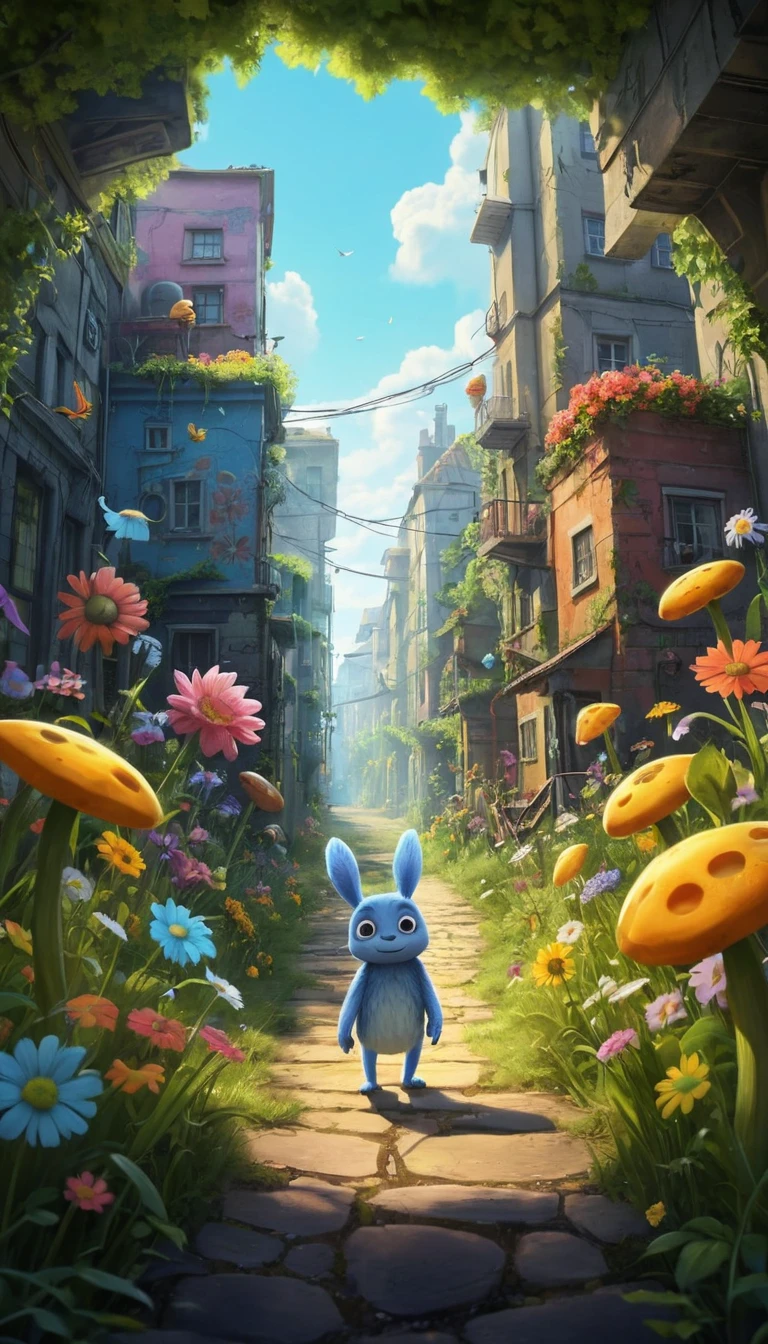 Cute bee dancing above colorful wildflower fields