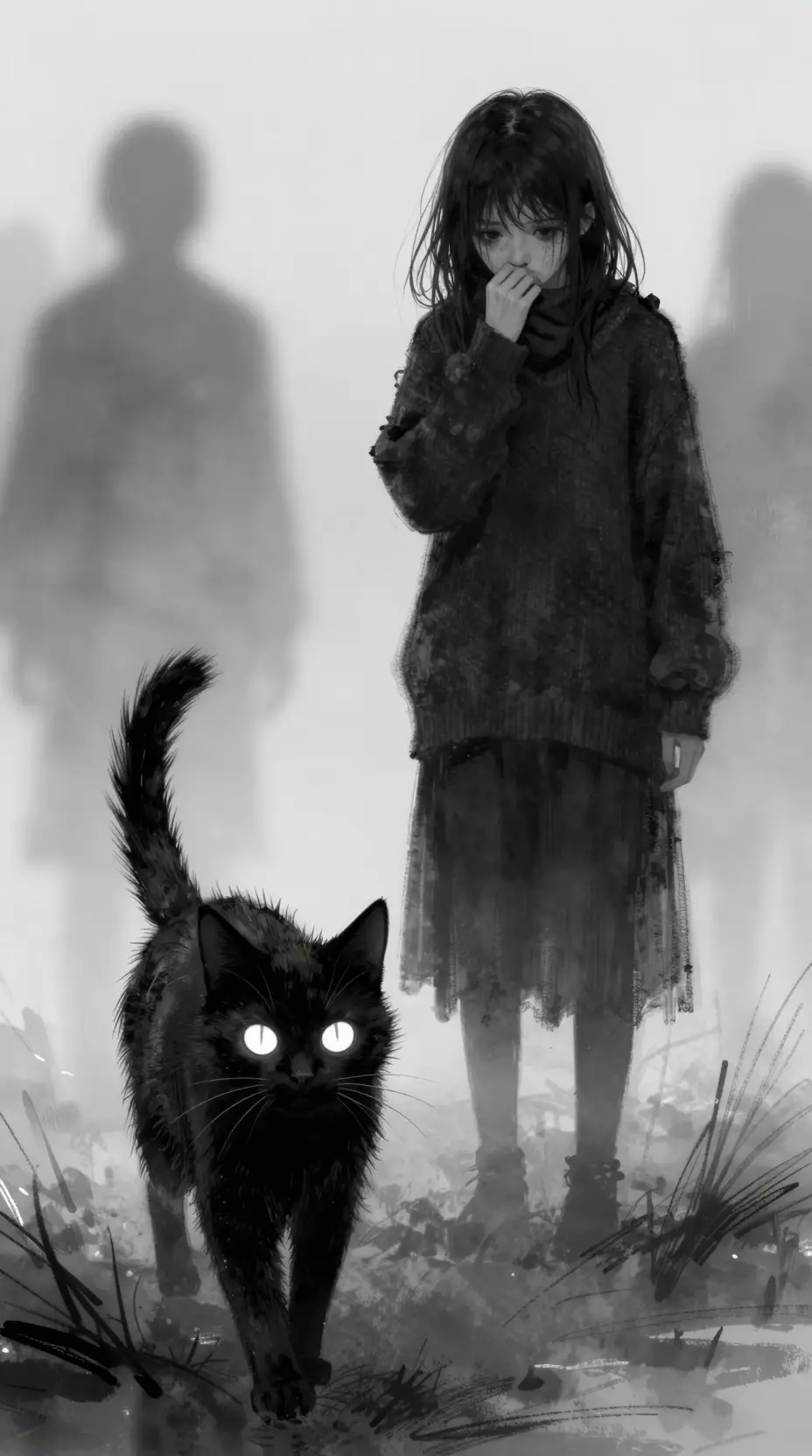 Unheimliches Mädchen und Katze mit leuchtenden Augen im monochromen Nebel
