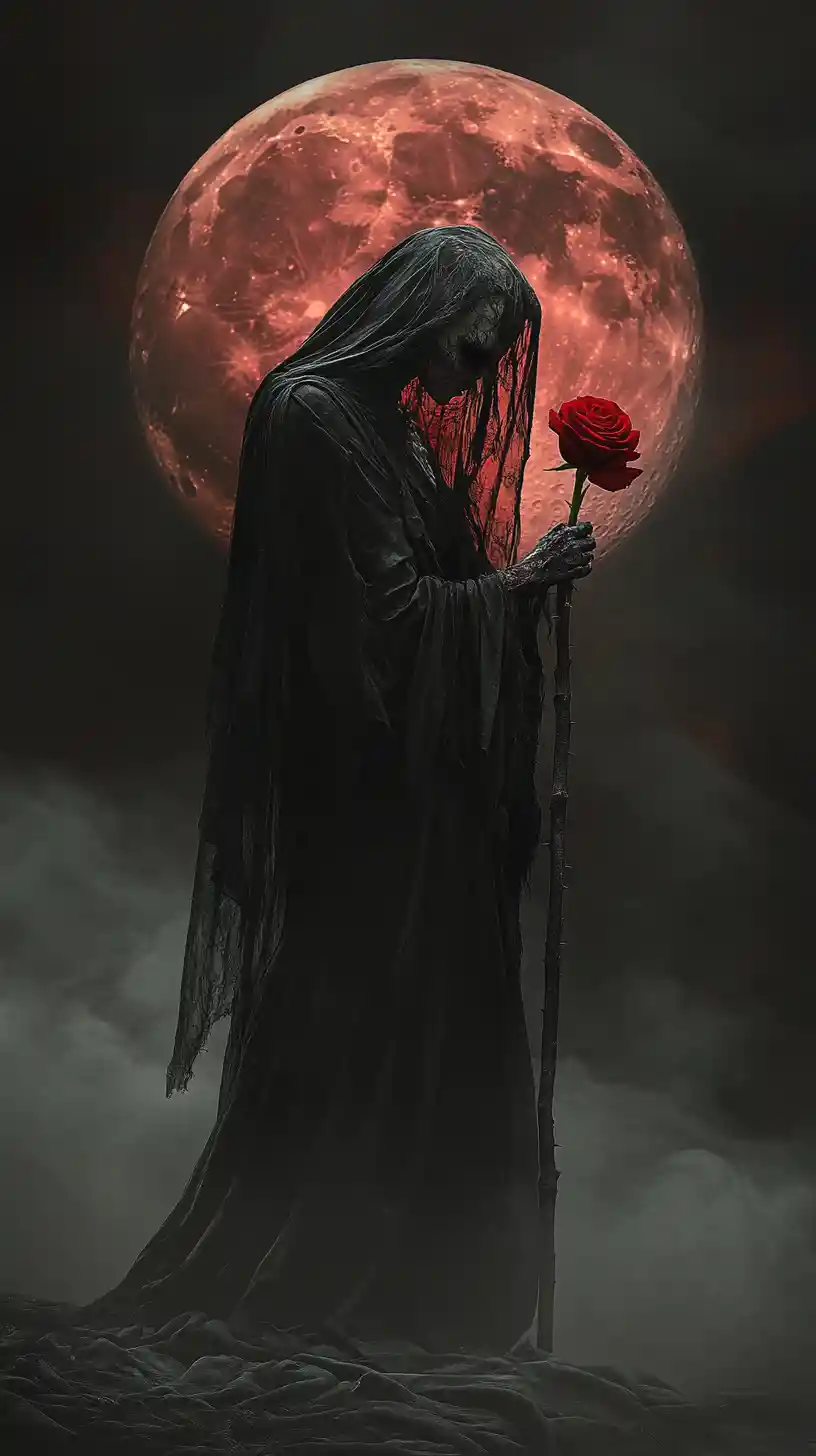 Female reaper with red rose beneath a looming blood moon
