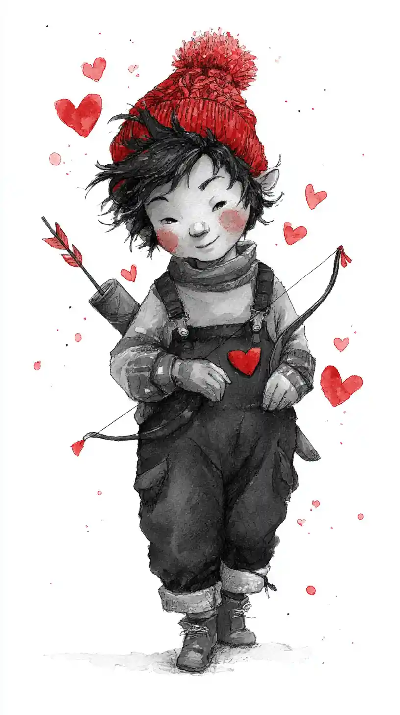 Cute cupid boy illustration with bow arrow and hearts