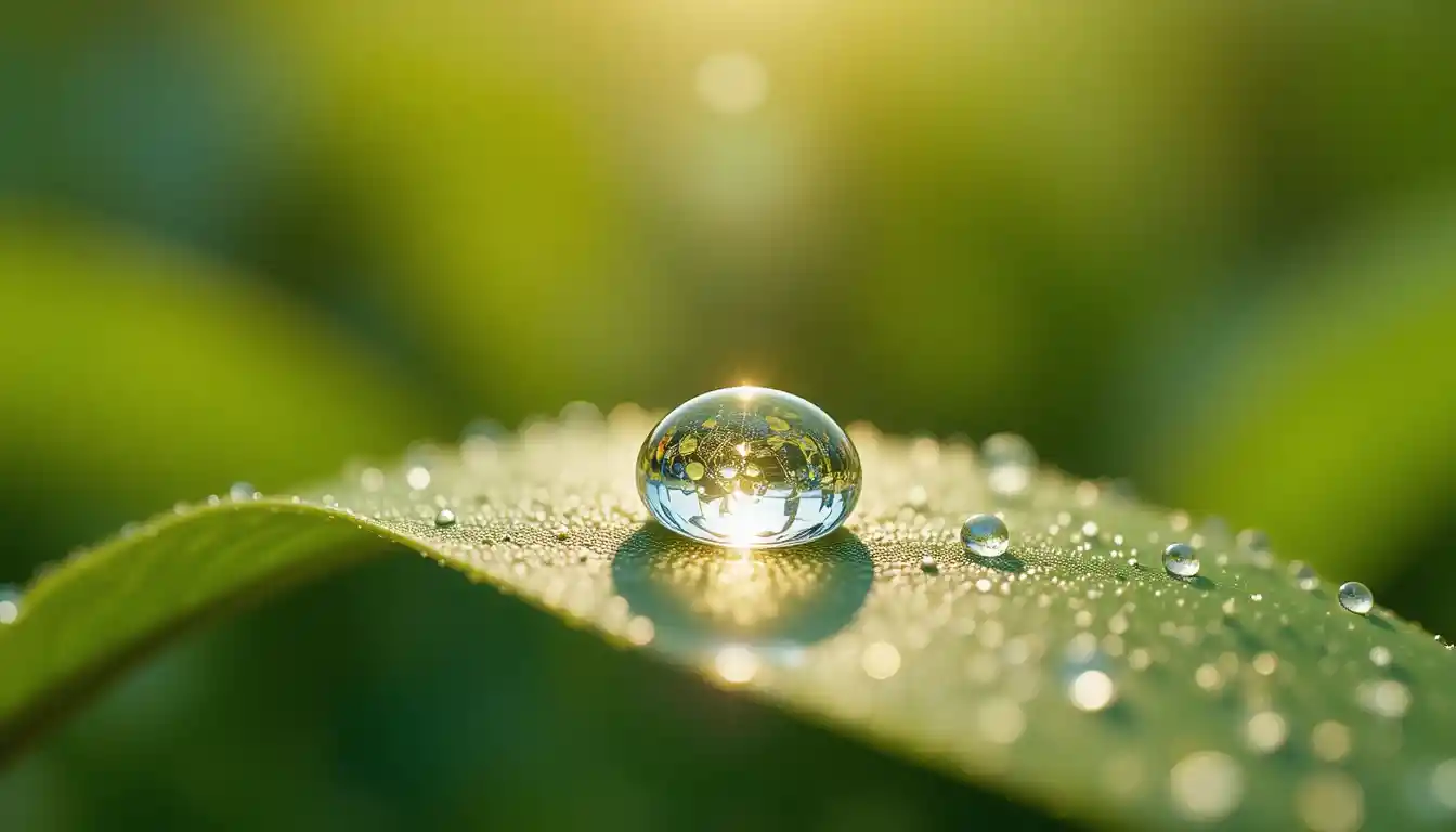 Sunlit dew drop resting on a bright green leaf