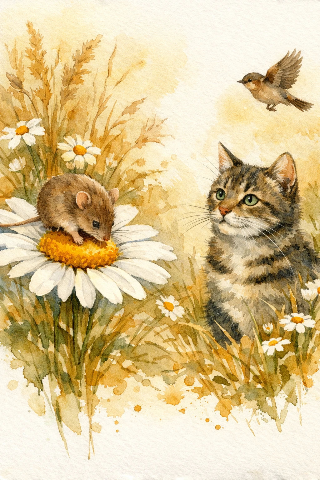 Watercolor mouse on daisy with watchful cat in grasses