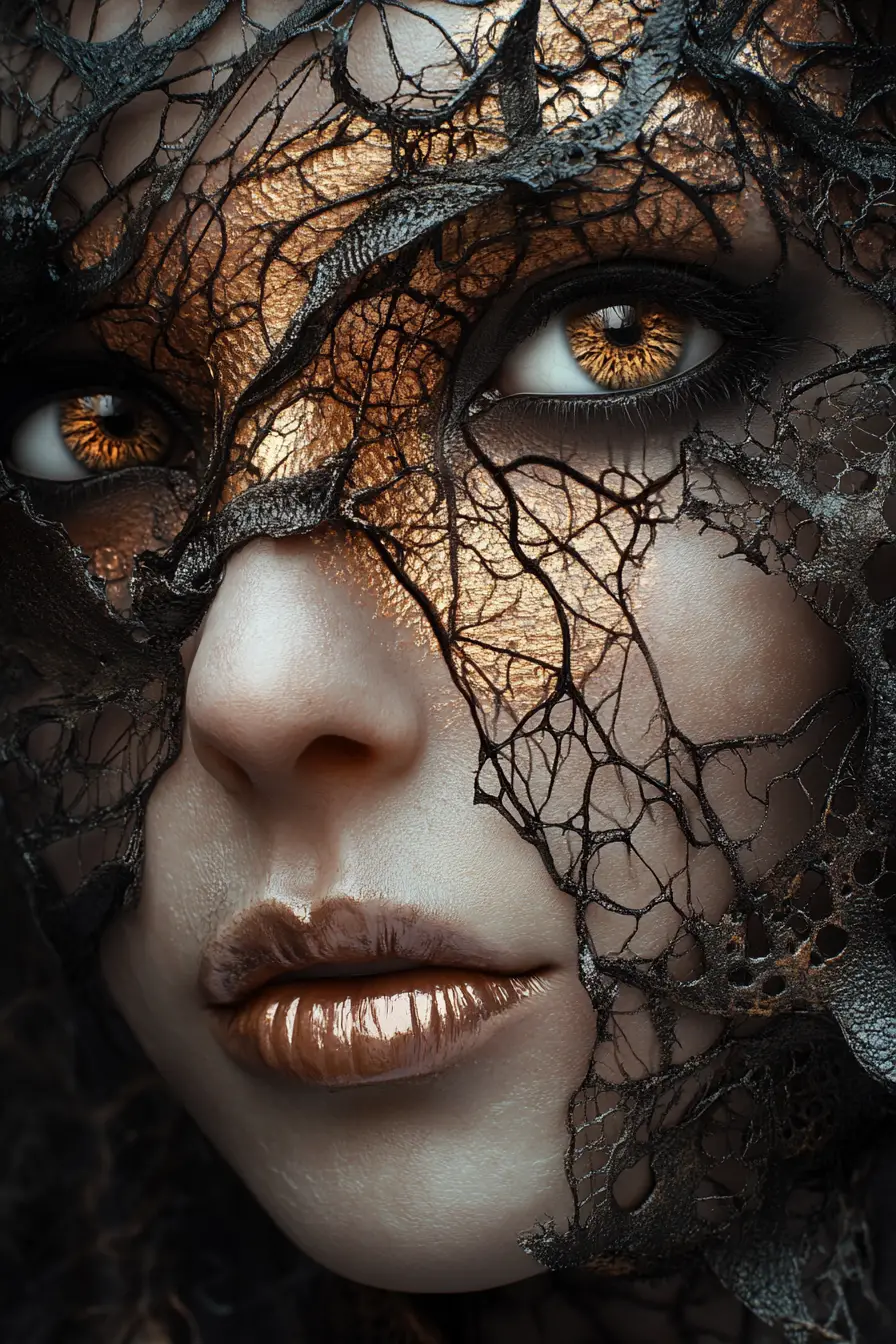 Ethereal woman portrait fused with abstract organic patterns