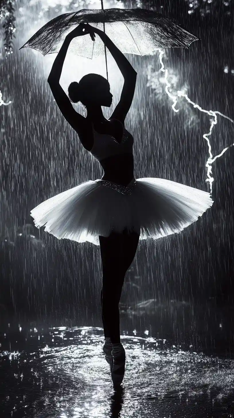 Bailarina com melanina dançando na chuva sob luz elétrica