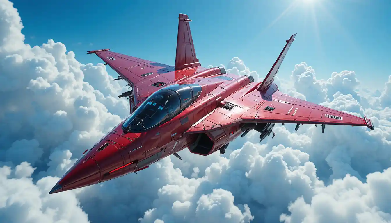 Red futuristic fighter jet soaring above bright cloudscape