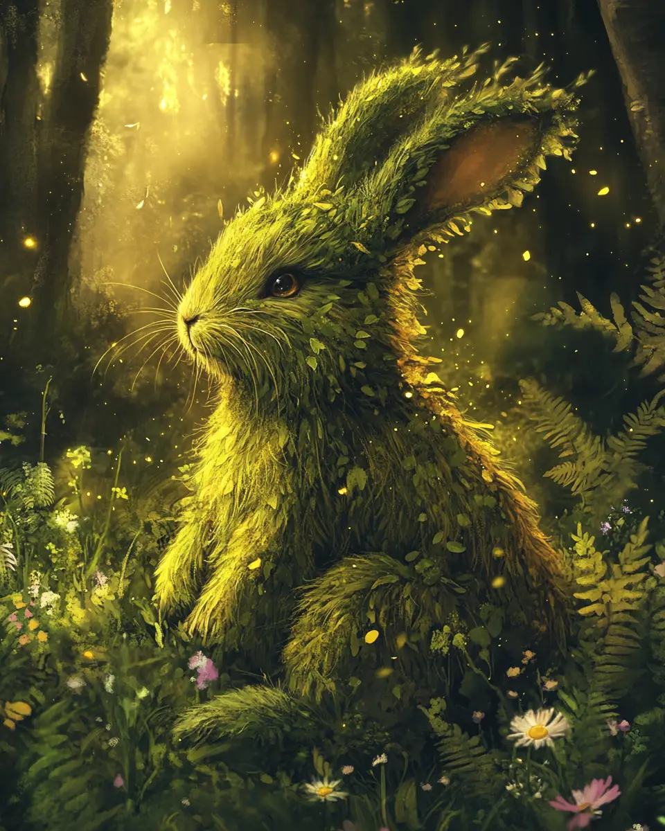Gentle fantasy forest rabbit glowing among wildflowers