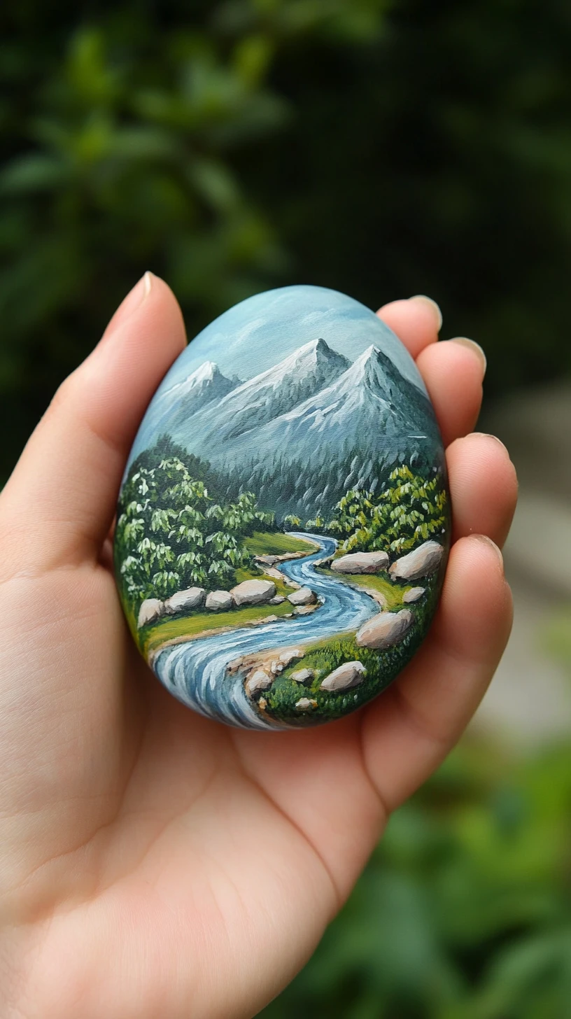 Hand Holding Painted Stone With Mountain River Scene