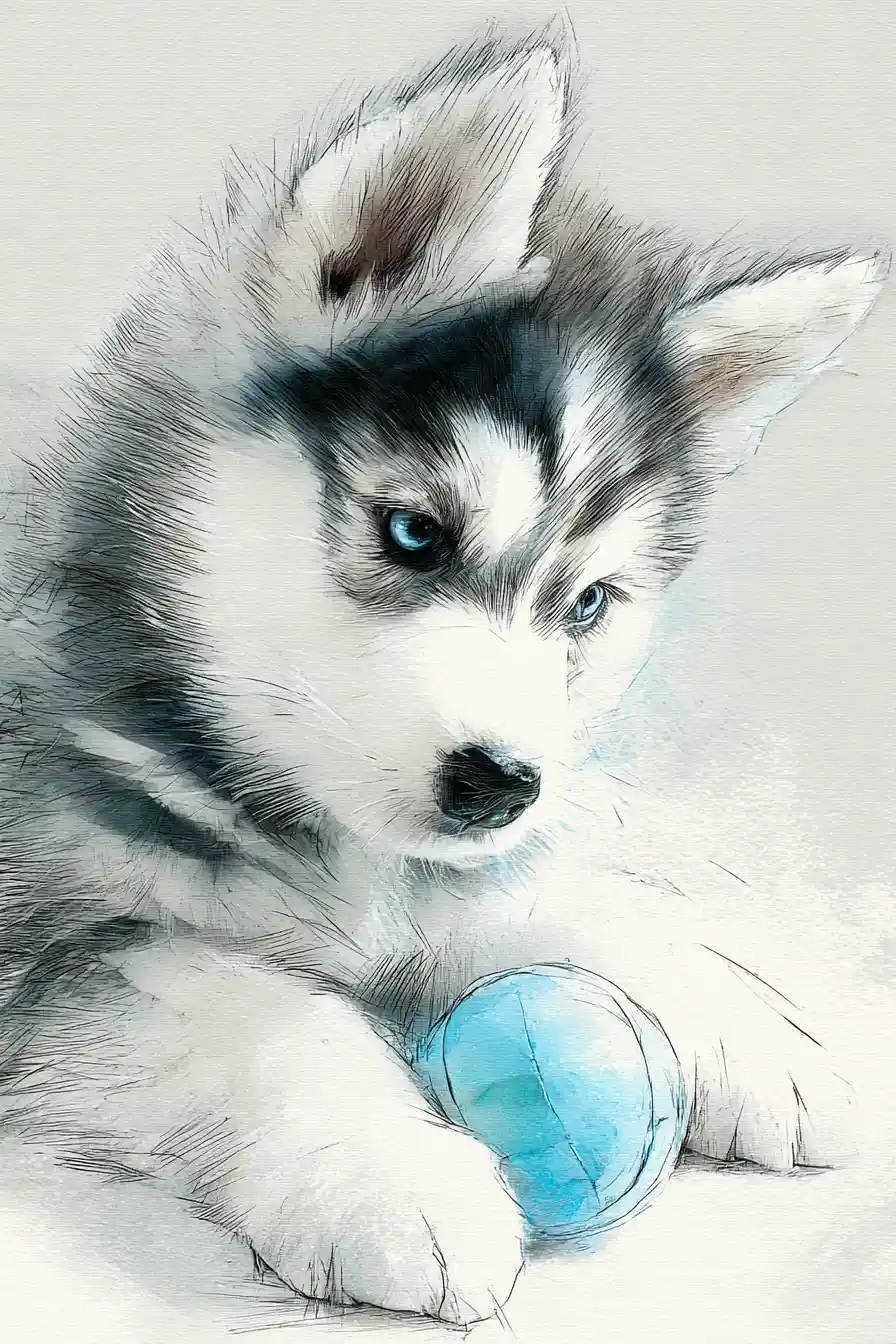 Playful husky puppy with blue eyes and ball in watercolor