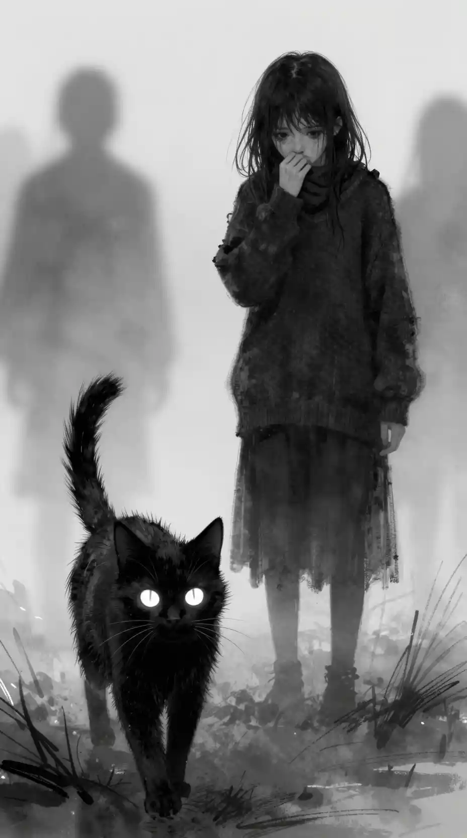 Ragazza inquietante e gatto dagli occhi luminosi nella nebbia monocromatica