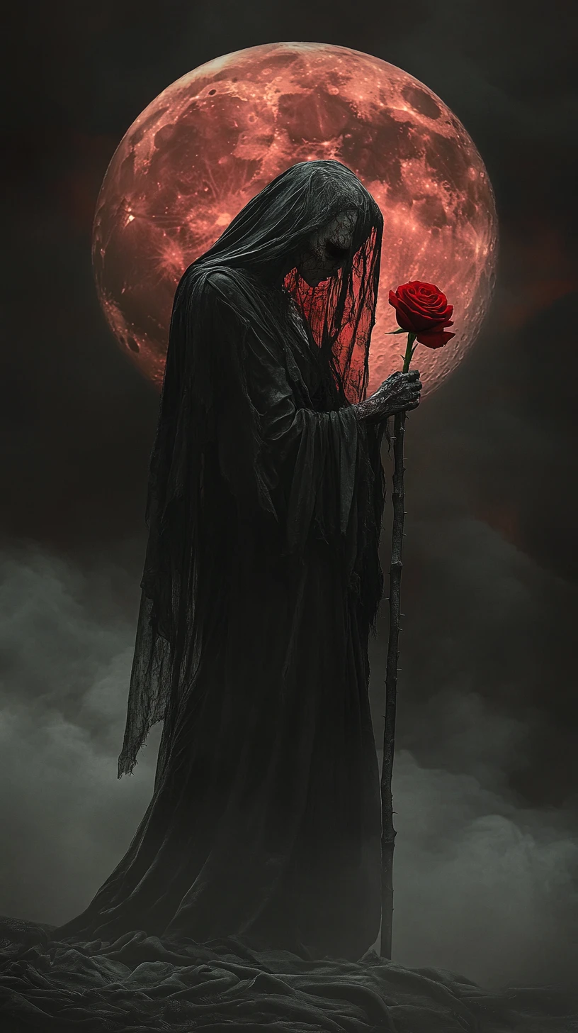 Female reaper with red rose beneath a looming blood moon