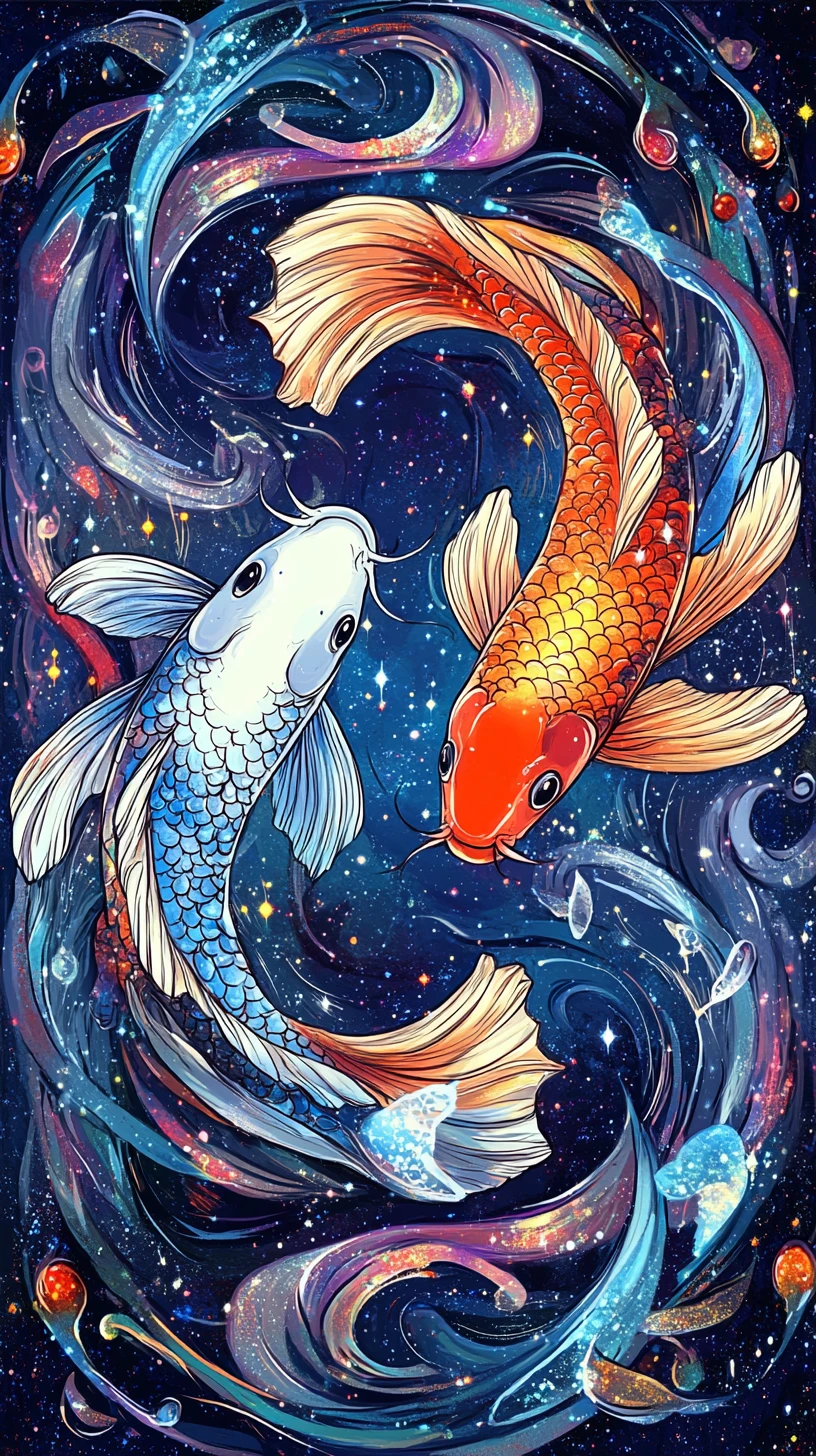 Carpe koi radiosi che vorticano in un oceano cosmico di galassie