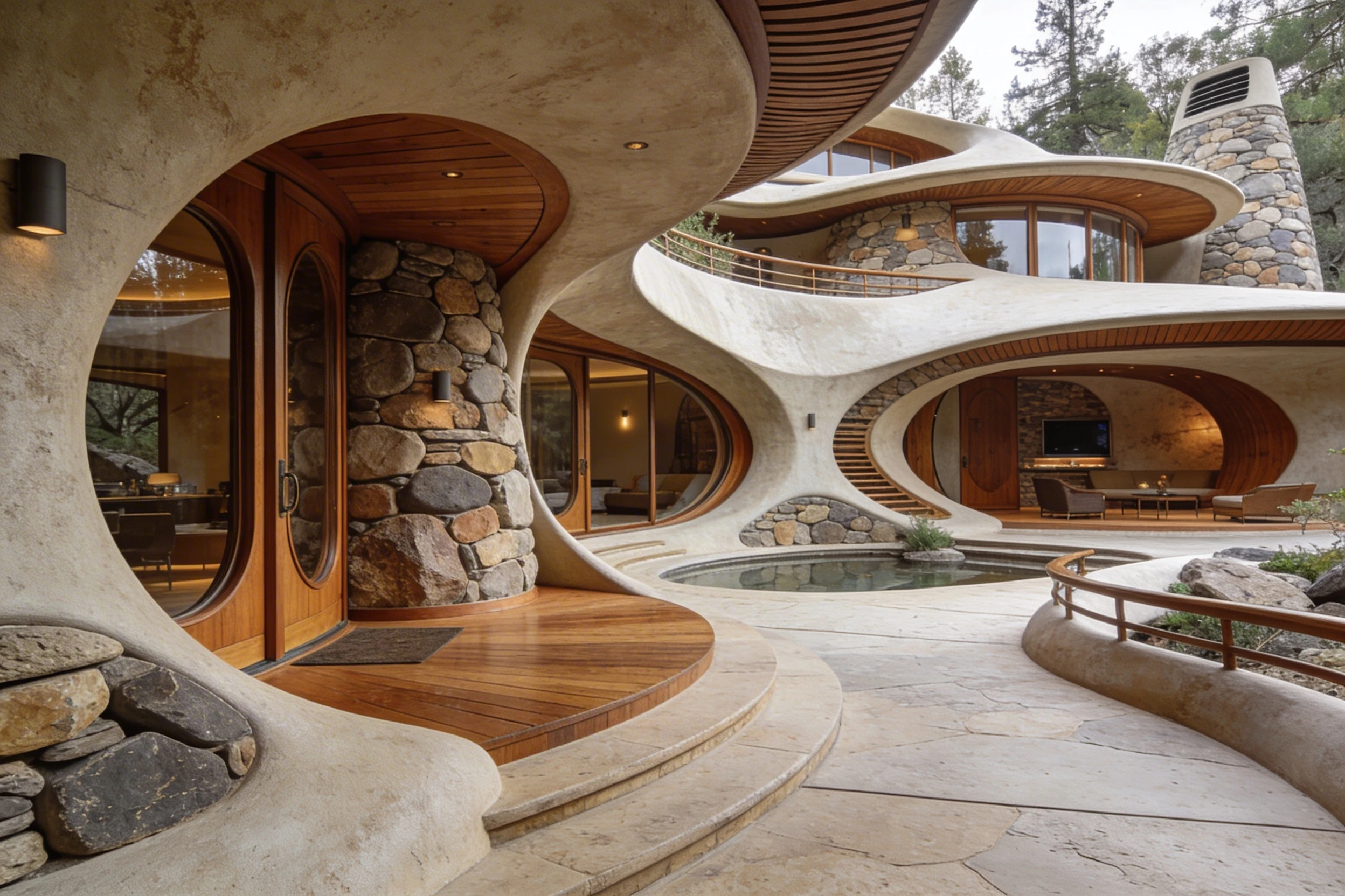 Futuristic organic house blending with flowing natural forms