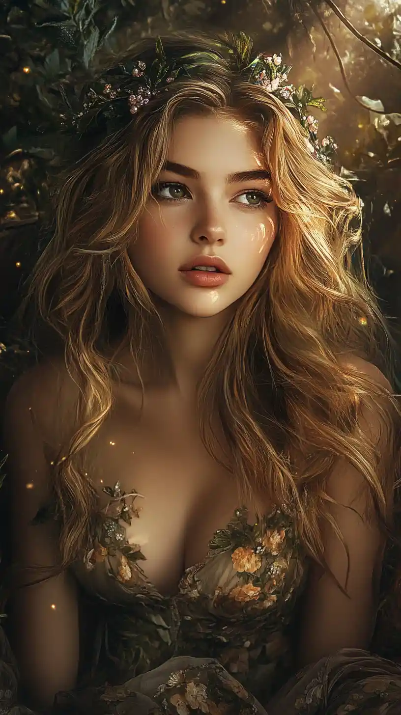 Young woman in a magical garden with jeweled leafy crown