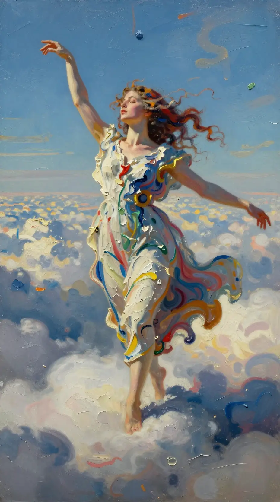 Goddess Of Time Dancing Above Sunlit Fauvist Clouds
