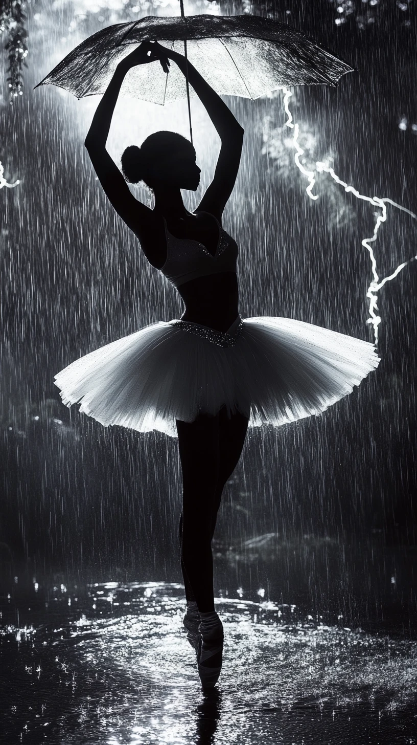 Ballerina con melanina che danza sotto la pioggia in luce elettrica