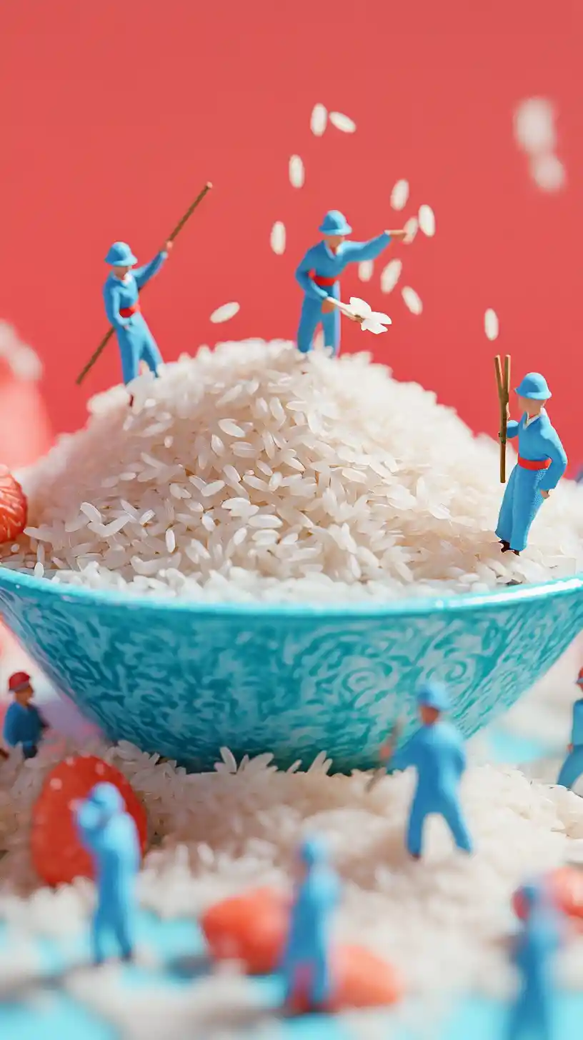 Tiny workers harvesting rice inside a giant bowl