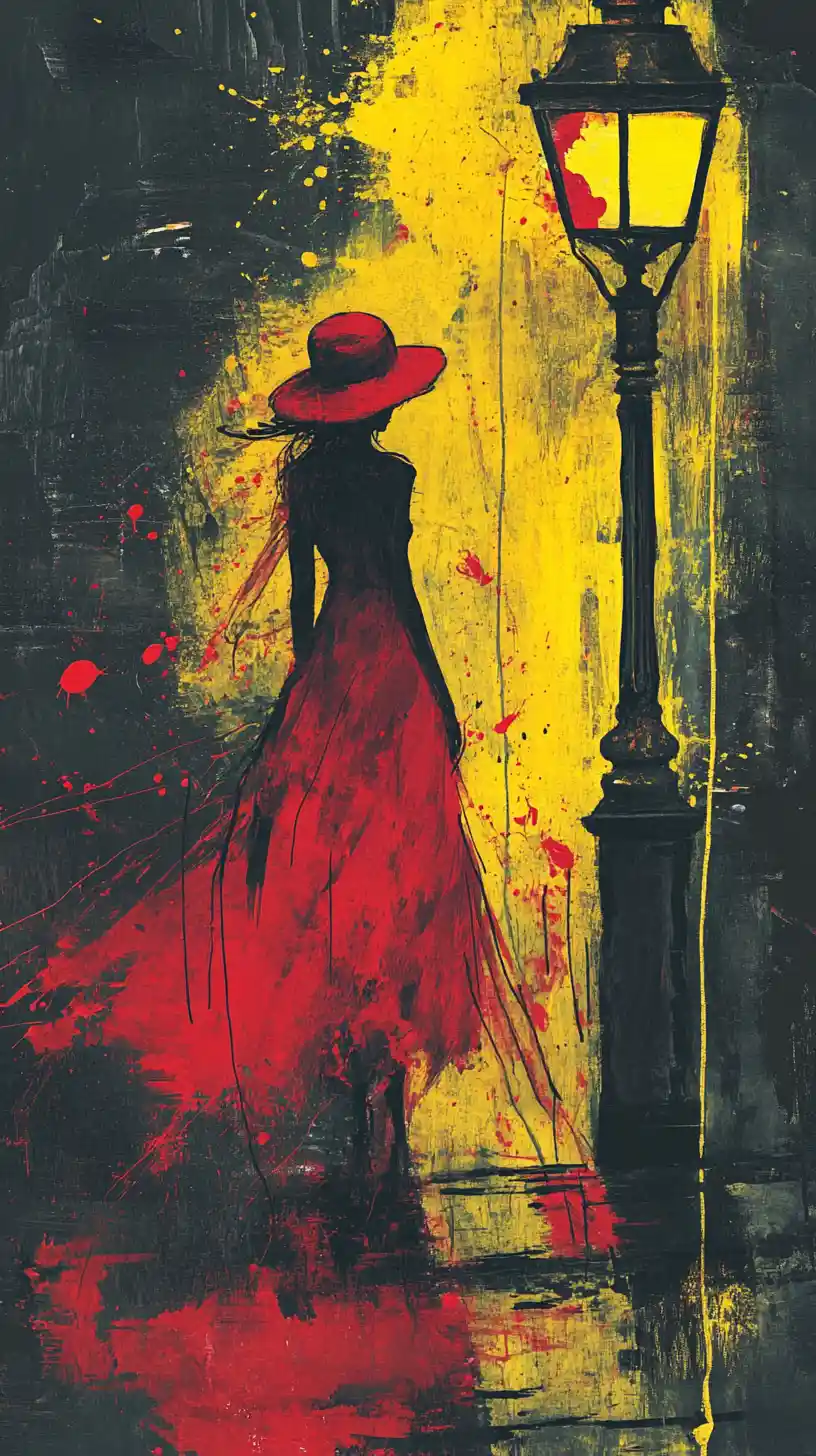 Donna in abito rosso accanto a un lampione vintage illuminato