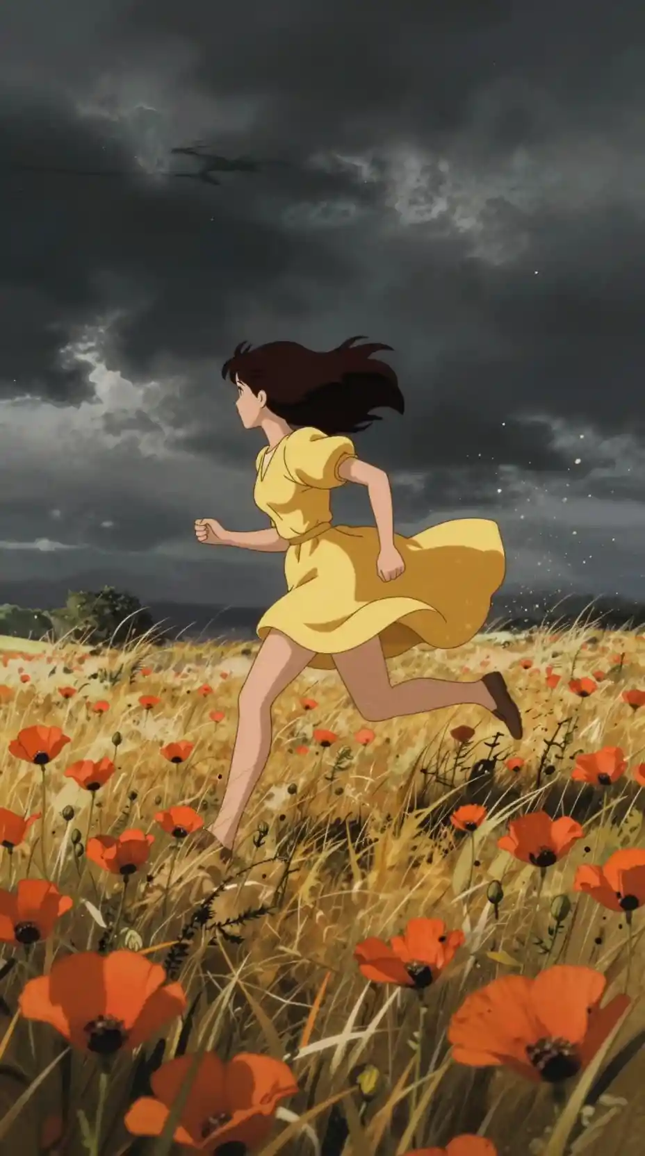 Woman running through poppy field in frozen cinematic moment